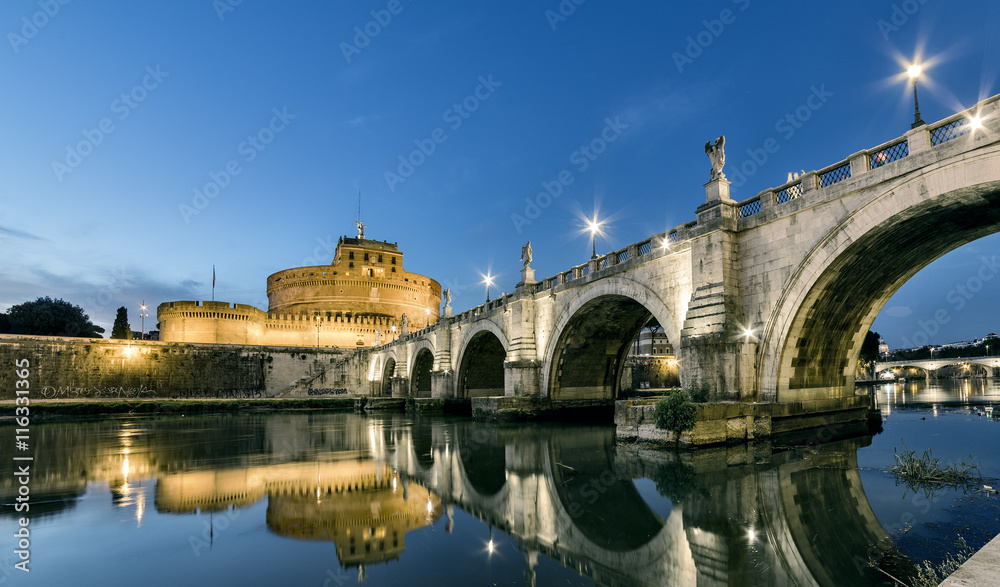 Rome sunset, Tevere river bridge under Castel Santangelo