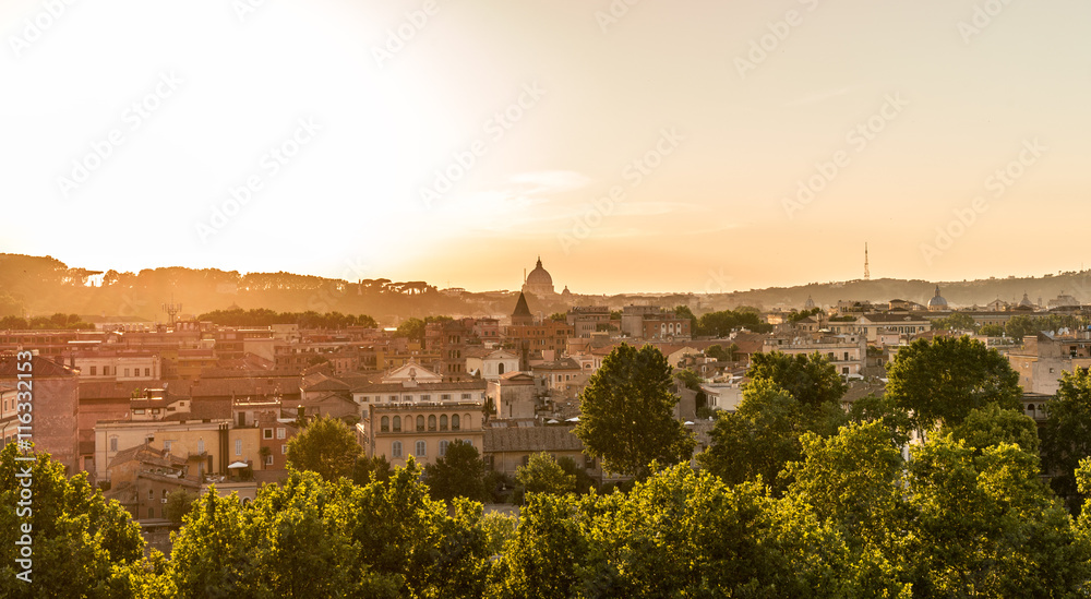 panoramic sunset cityscape on Rome. Colorful urban view