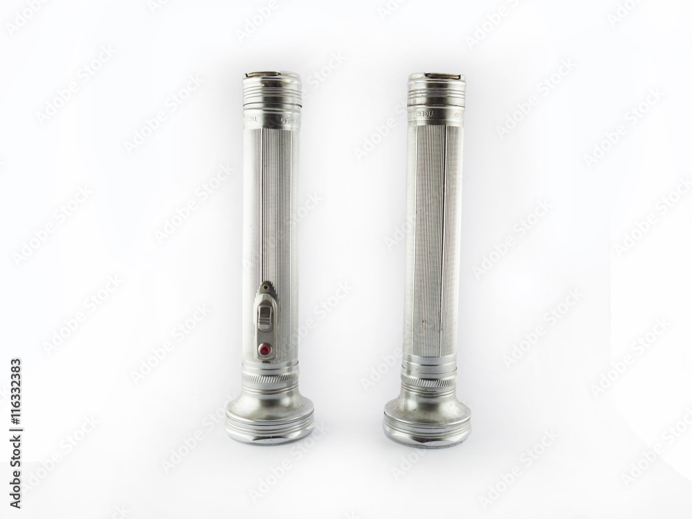 Old metal flashlight isolated on white,Antique flashlight Old metal flashlight isolated on white,Antique flashlight