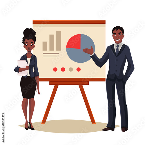 African American businessman and businesswoman holding presentation with white board cartoon style vector illustration isolated on white background. Black business man and woman at presentation