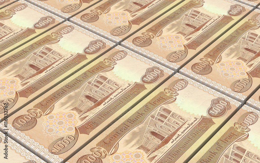 Iraqi dinars bills stacked background. 3D illustration.