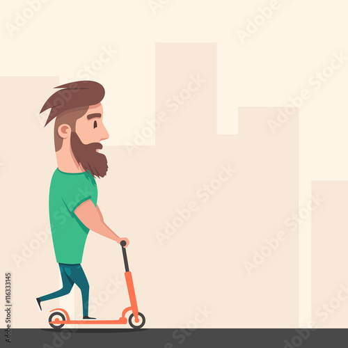 Hipster racing a scooter. Young modern man loves adventure.