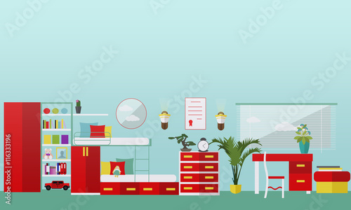 Kids bedroom interior in flat style. Vector illustration. House room design elements and icons