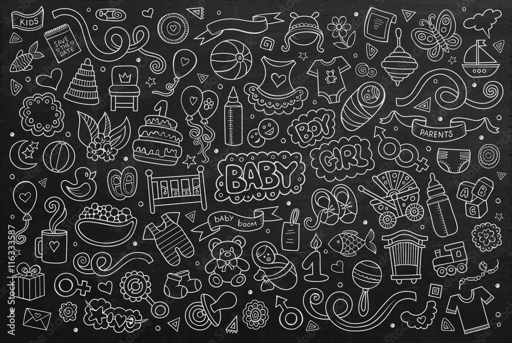 Chalkboard vector hand drawn Doodle cartoon set of objects