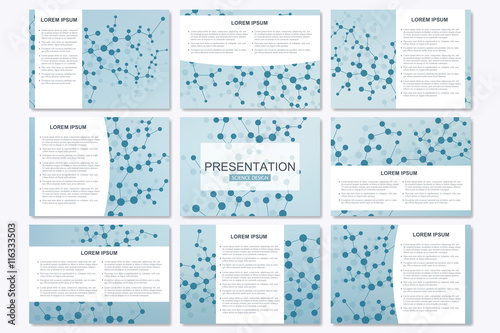 Set of modern business presentation templates in A4 size. Connection structure. Abstract background with molecule DNA and neurons