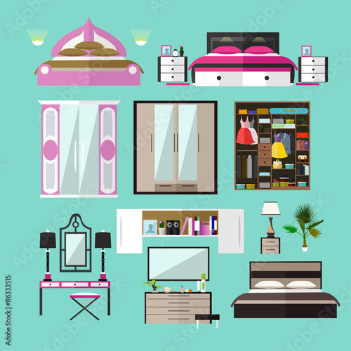 Bedroom interior objects in flat style. Vector illustration. House room design elements and icons