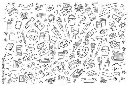 Fototapeta Sztuka i farby materiałów doodles ręcznie rysowane symbole wektorowe