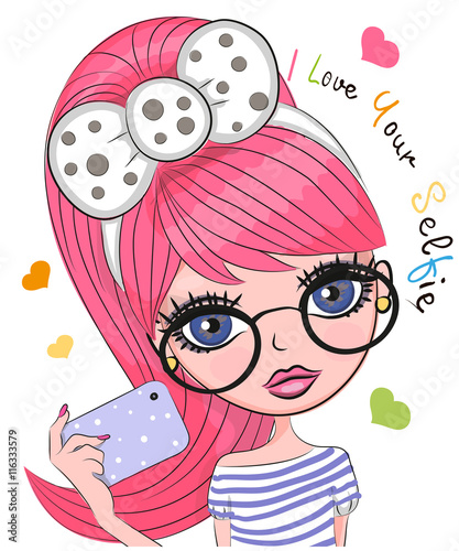 Vector cute cartoon girl makes selfie