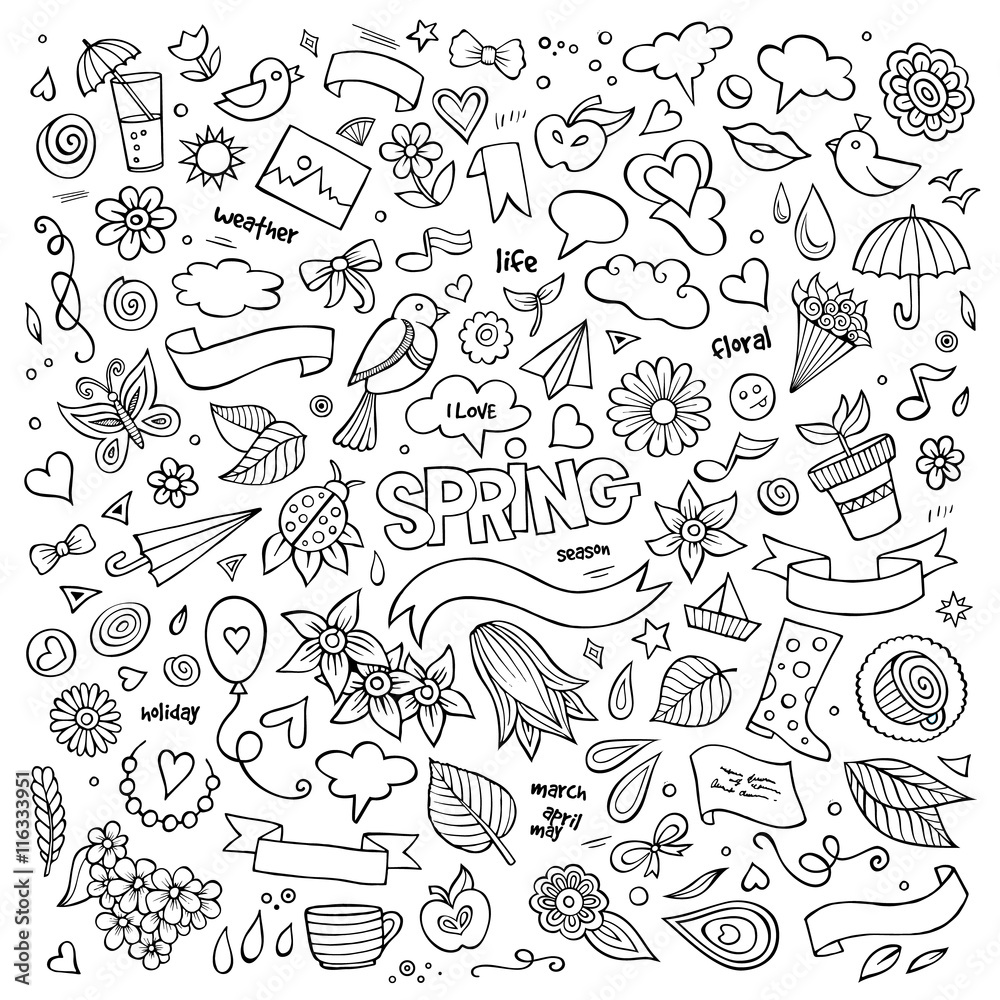 Fototapeta premium Nature spring hand drawn vector symbols and objects