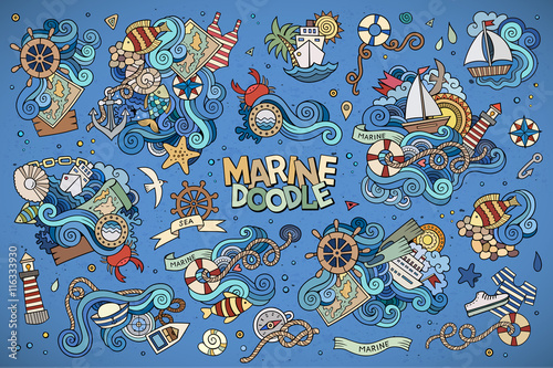 Marine nautical hand drawn vector symbols and objects