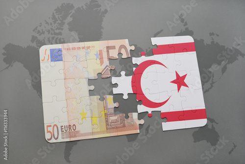 puzzle with the national flag of northern cyprus and euro banknote on a world map background.