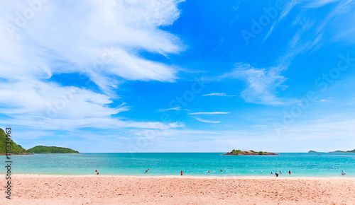 Tropical sand beach. Island beach with blue sea water.