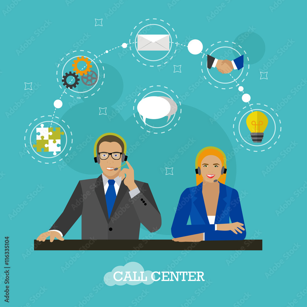 Male and female operators in call center concept vector banner. Customer service, support company office.