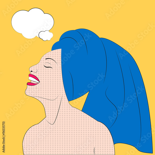 Pop art girl Vector illustration Young girl with blue towel on her head laughs Pop art style