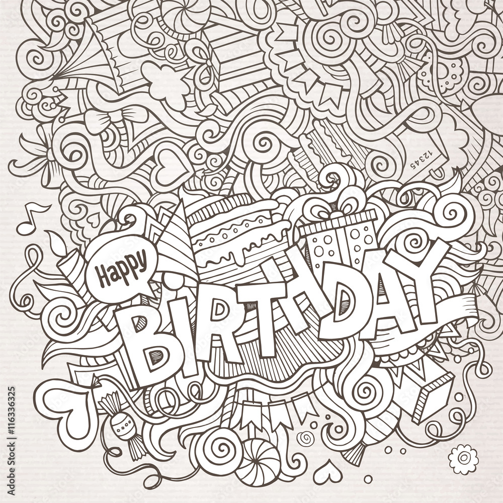Birthday hand lettering and doodles elements background