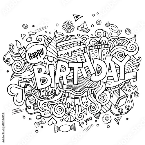 Birthday hand lettering and doodles elements background