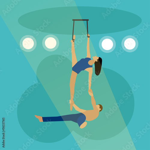 Circus concept vector banner. Acrobats and artists perform show in arena