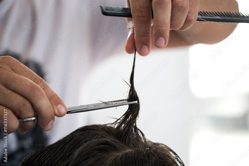 Ścinanie włosów w salonie fryzjerskim, cięcie włosów nożyczkami - obrazy, fototapety, plakaty 