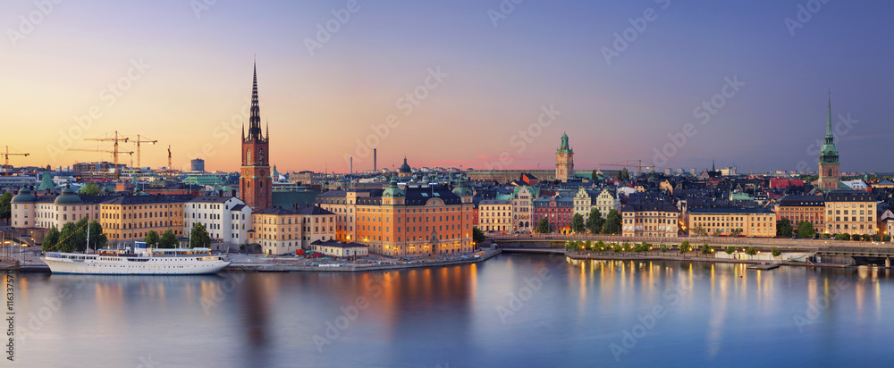 Stockholm.Panoramic image of Stockholm, Sweden during sunset. - obrazy, fototapety, plakaty 