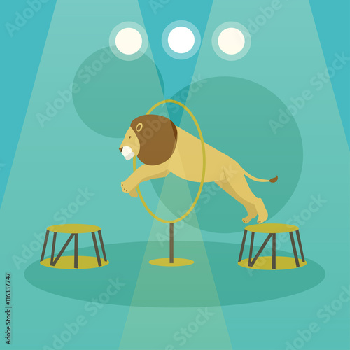 Circus concept vector banner. Acrobats and artists perform show in arena. Animals performance poster