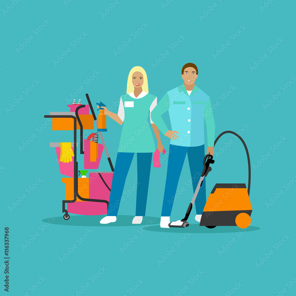House cleaning service concept vector illustration in flat style. Housekeeping company team at work. House cleaning service concept vector illustration in flat style. Housekeeping company team at work.