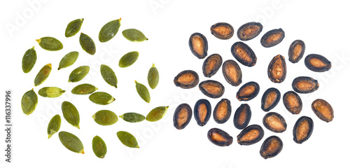 watermelon and pumpkin seeds and isolated on white background
