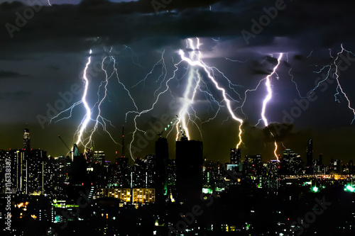 Thunder storm lighting bolt on the horizontal sky and city scape