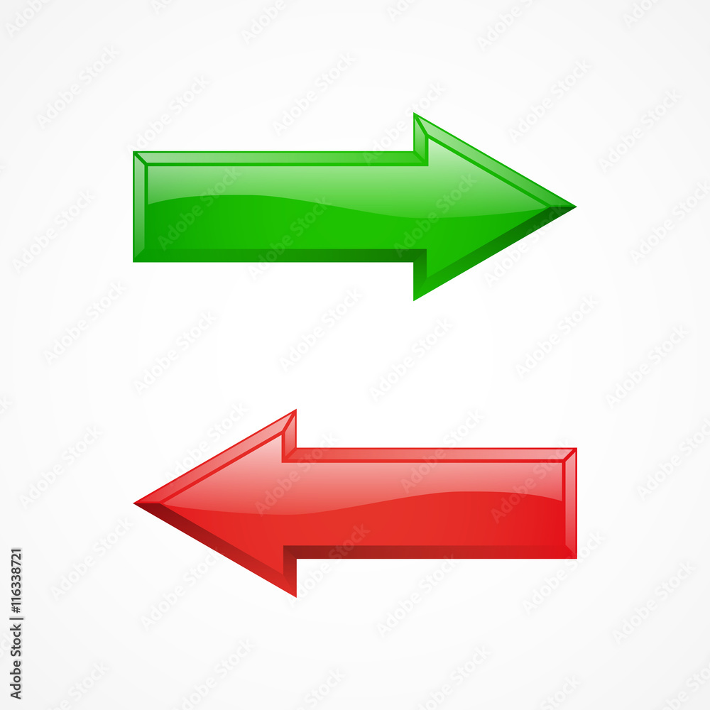Green arrow, red arrow, shiny icon. Vector illustration isolated on white background. Green arrow, red arrow, shiny icon. Vector illustration isolated on white background.