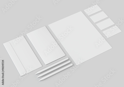 White stationery mock-up, template for branding identity on gray background. For graphic designers presentations and portfolios. 3D rendering.