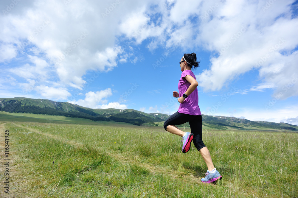 healthy lifestyle young woman runner running on beautiful trail in grassland healthy lifestyle young woman runner running on beautiful trail in grassland