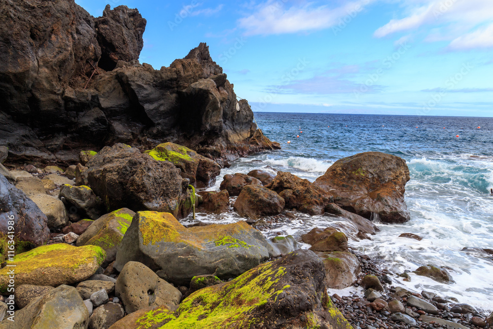 Moss stone and ocean on Madeira island, Portugal