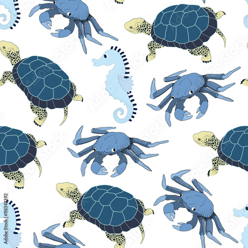 Seamless nautical pattern with crabs and turtles.Vector sea print.Colorful background