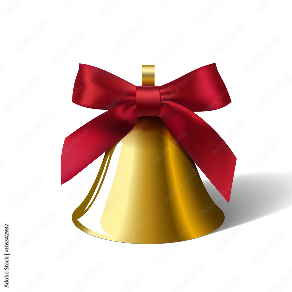 realistic golden bell with red bow realistic golden bell with red bow