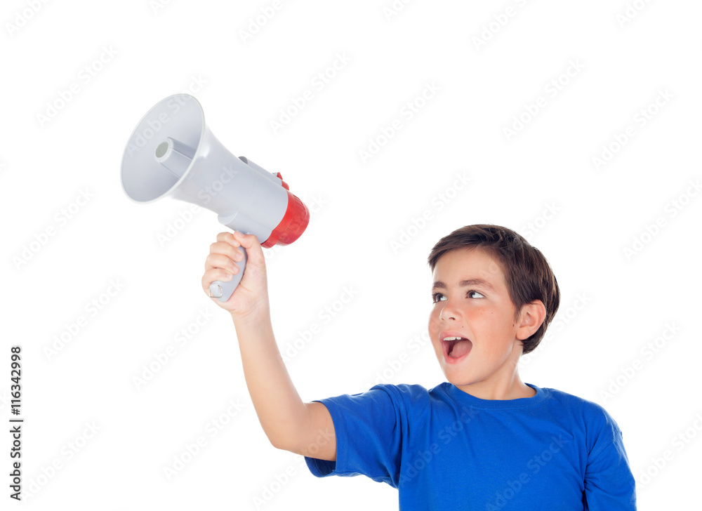 Funny boy shouting through a megaphone Funny boy shouting through a megaphone