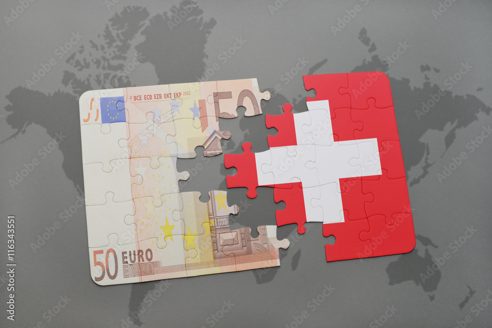 puzzle with the national flag of switzerland and euro banknote on a world  map background. – Stock-Foto | Adobe Stock