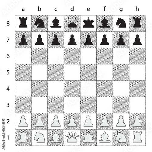 Creative Chess board with chess numbers and chess letters. Chess figures, black and white, vector illustration. Chess board with trendy outline design.