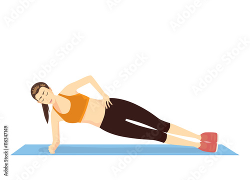 Woman doing a side plank for abdominal workout on blue mat. This illustration about fitness.