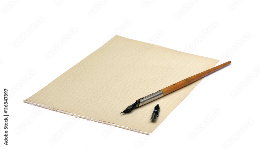 Old ink pen and paper isolated on white background Old ink pen and paper isolated on white background