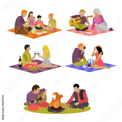 Vector illustration of summer recreation. Family picnic and camping in a park flat icons