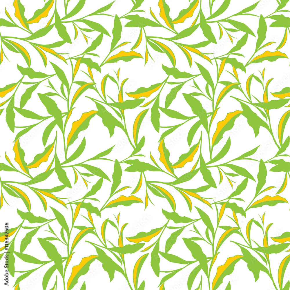 Seamless pattern. Tea Leaves, flowers, mango. Seamless pattern. Tea Leaves, flowers, mango.