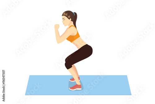 Woman get perfect butt and legs with squat workout on blue mat. Illustration about healthy lifestyle.
