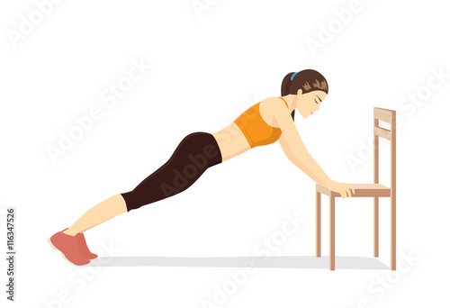 Woman workout with chair. Illustration about healthy even though no time.