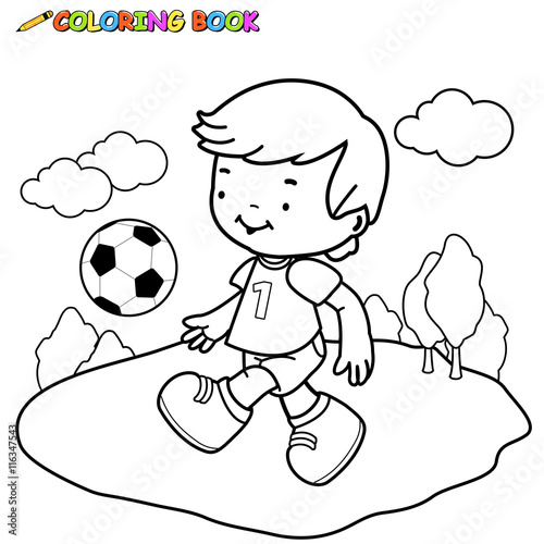 Little boy playing soccer. Vector black and white coloring page