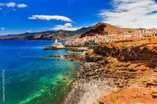 Beautiful view of a small town Canical on the eastern coast of Madeira island  Portugal