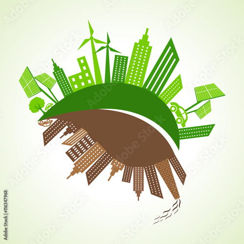 Eco and polluted city concept with leaf stock vector