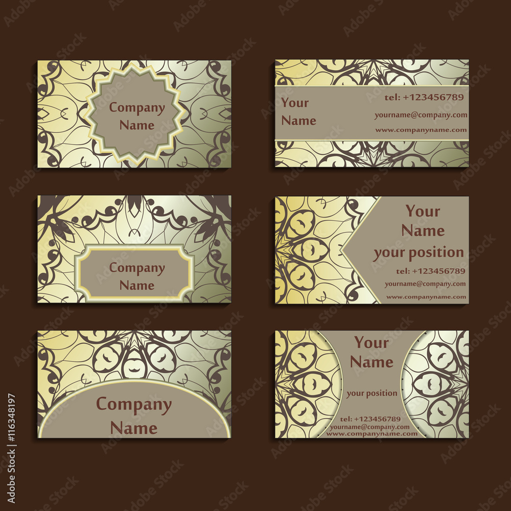 Fototapeta premium Set of three gilded visiting cards made in oriental style. Vintage designed calling-cards for business with beautiful eastern ornament. Floral art.