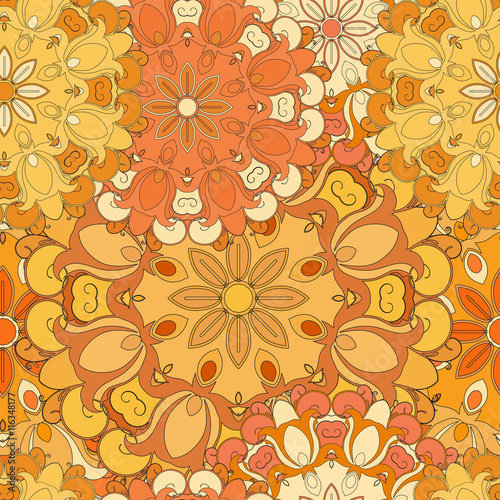 Orange seamless pattern for oriental print or decoration. Japanese designed flowered motif. Eastern, arabic, indian, asian, turkish wrapping-paper or ethnic background. photo