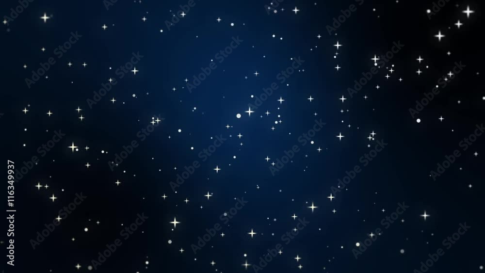 Night sky full of stars animation made of sparkly light particles moving across a dark blue black gradient background