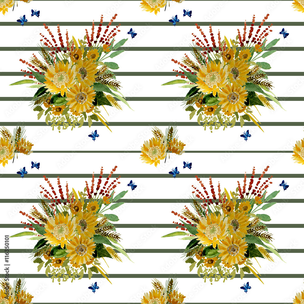 Φωτογραφία Illustration of Collection of yellow sunflowers and wheat ears