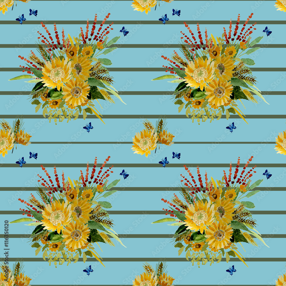 Φωτογραφία Illustration of Collection of yellow sunflowers and wheat ears